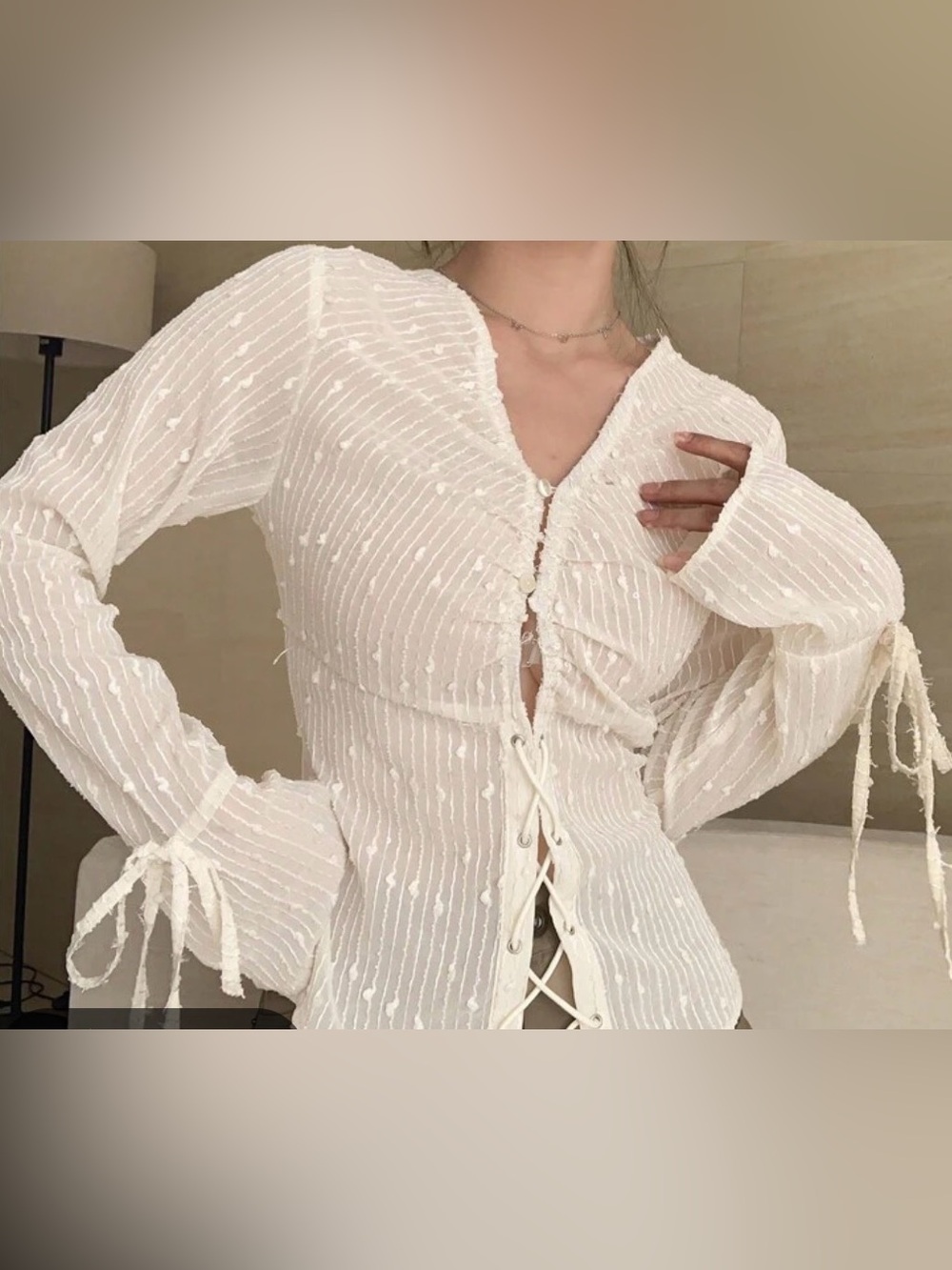 Dazy | Sheer Sequined Lace-Up White Whimsical Long Sleeve Top